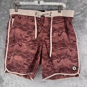 Vuori  cruise  Board Shorts Size 32 Red Wave Bird Print Swim Trunks 8"